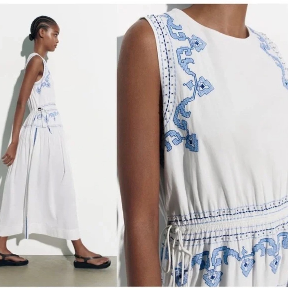 European summer dress! Zara white, blue midi dress, size M
